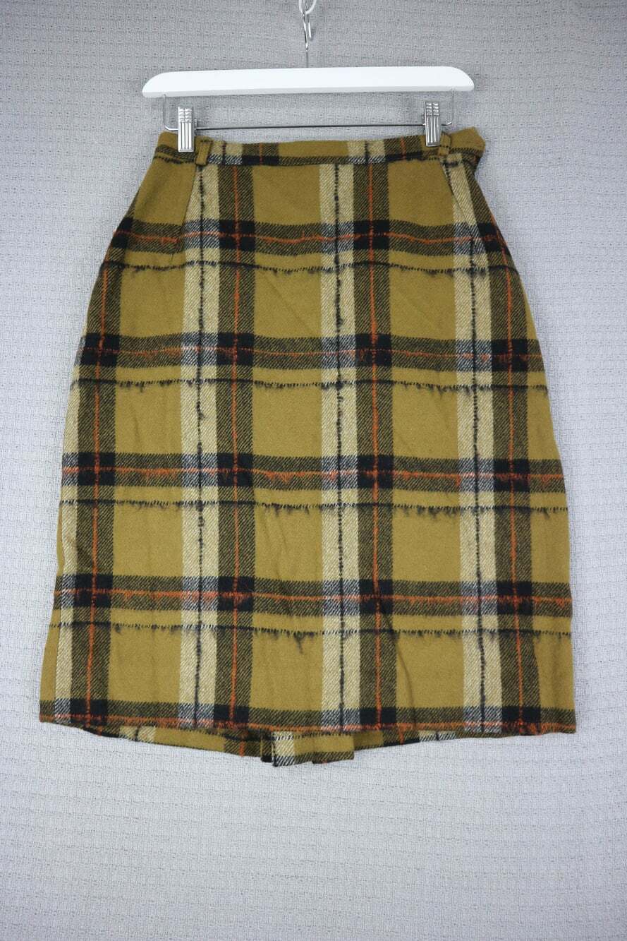 Wool Blend Plaid Pencil Skirt Mustard Yellow Tartan Check Midi Slit Vintage 26"